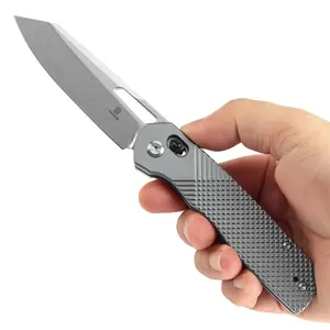 Tenable Shard | Cross Bar Lock Folding Knife | 3.47'' Stonewashed 14C28N Blade | Gray Aluminum Handle | Kim Ning Design-T1006V4