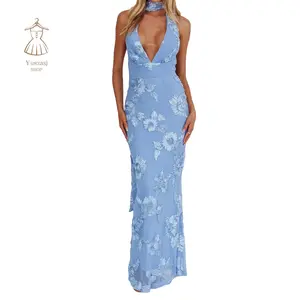 Women’s long halter dress, sleeveless, backless, floral cocktail party dress