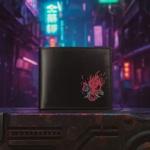 Cyberpunk 2077 Samurai Wallet with Red Flame Logo Design Inspired by the Game's Neon-Lit Aesthetic