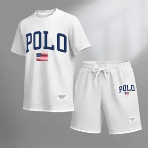 Men's Polo Print Drawstring Shorts Set For Spring/Summer. A Casual Summer Outfit, Including A Short-Sleeved Shirt And Shorts, Suitable For Everyday Wear And Sports. A Two-Piece Set For A Relaxed And Energetic Lifestyle.