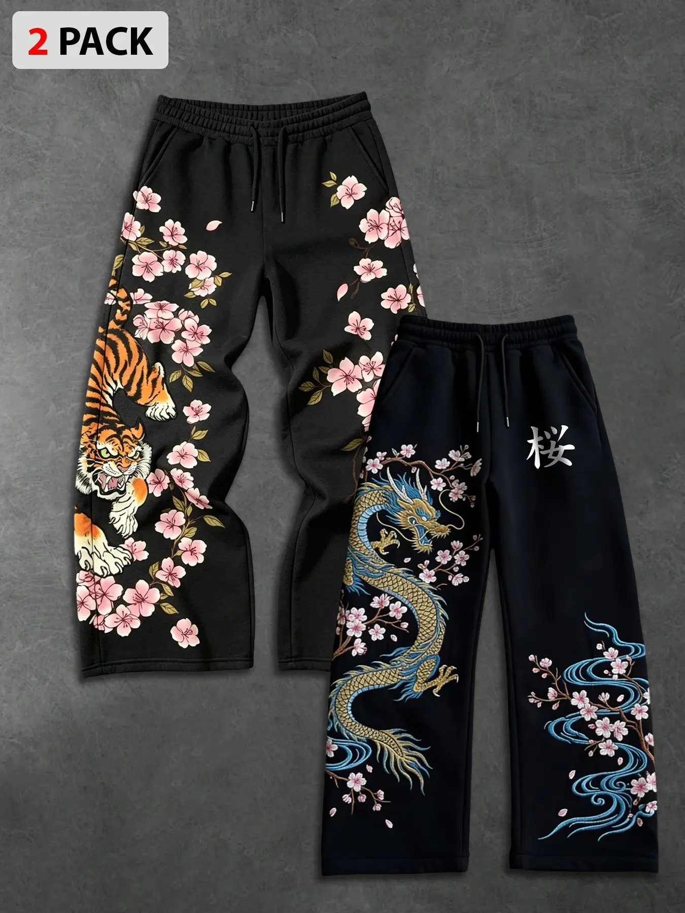 2-Pack Japanese Streetwear Tiger & Dragon Joggers, Unisex Sakura Graphic Baggy Sweatpants, Harajuku Style Hip Hop Trousers for Urban Outfits and Loungewear, Athleisure Casual Bottoms, Baggy Jogging Pants