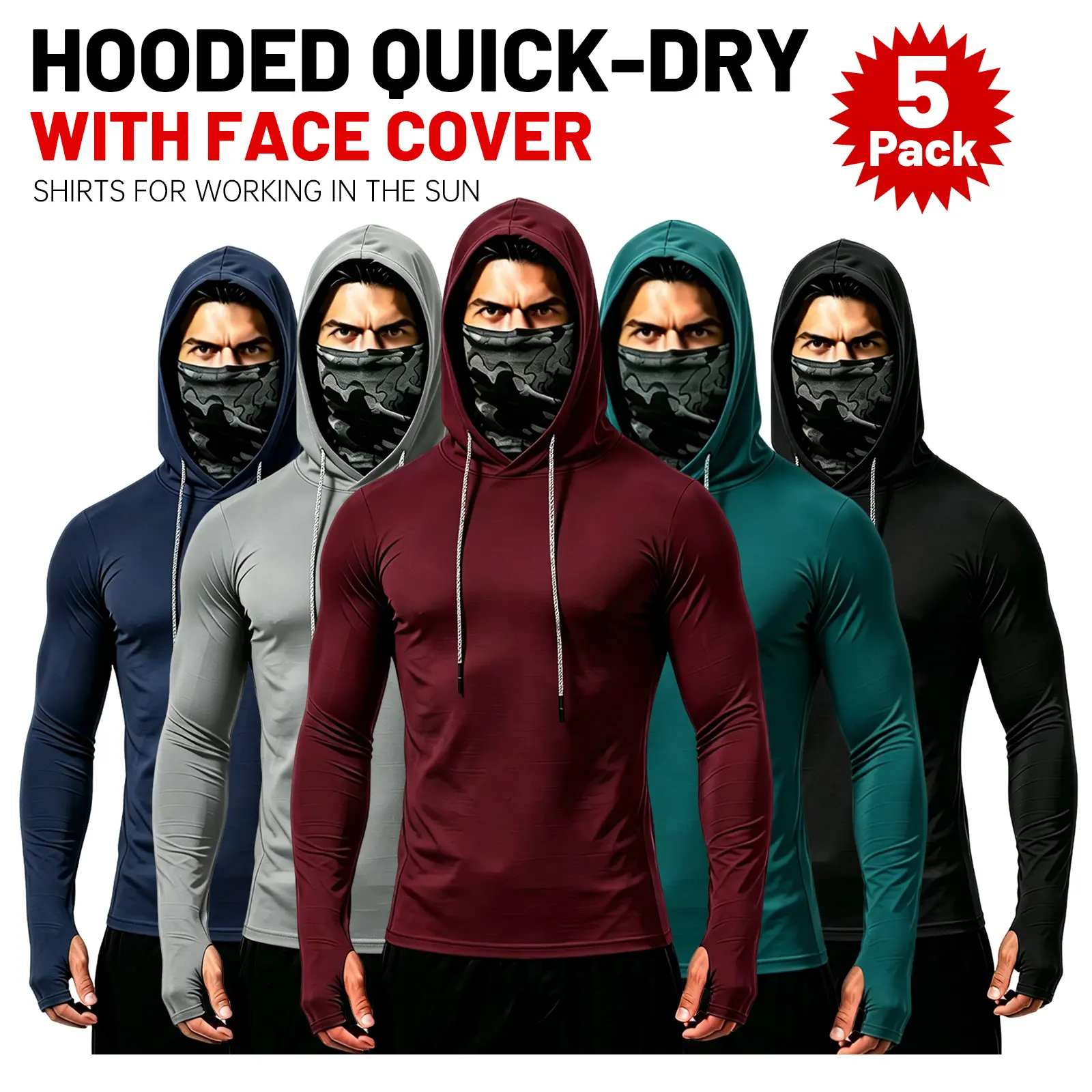 Men's Unisex 6-Pack Quick Dry Breathable Sun Hoodie - 94% Polyester 6% Spandex, UPF50 UV Protection, Long Sleeve Hood Shirt with Built-in Face Mask, Biking Fishing Outdoor Athletic Top Dry Fit Stretch