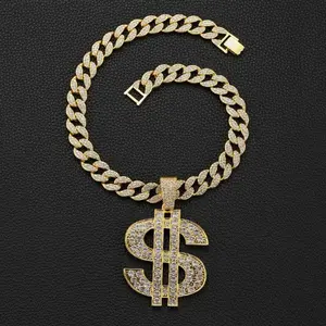 Dollar Pendant Necklace Hip Hop Jewelry Rhinestone Stainless Steel Cuban Chain Necklace Party Club Street Festival Fashion Gift For Men Women Unisex Trendy Iced Out Bling Statement Accessories