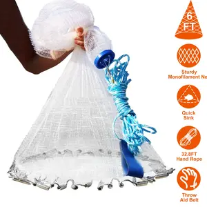 6 Feet Portable Hand Cast Fishing Net, Heavy Duty Durable Mesh Cast Net, Built-in Chain Sinker for Fast Sinking, Easy Throw Wide Bottom Fishing Trap for Lake River Sea Angling Outdoor Fishing