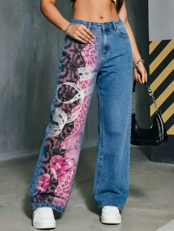 Y2K Pink Leopard Lace Ribbon Rhinestone Heart Print Straight Wide Leg Denim Jeans Unisex High Waist Vintage Washed Loose Trousers