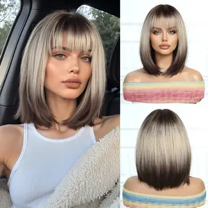12 inches Bob wig Synthetic Dark Brown Roots to Ash Blonde with Bangs Glueless wig