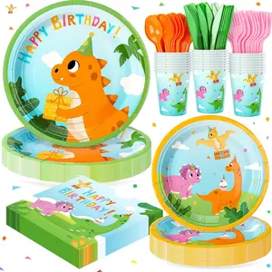 168PCS Dinosaurs Birthday Party Supplies for 24 Guests, Dinosaurs Themed Paper Plates Napkins Cups Cutlery, Dinosaur Disposable Tableware Set for Birthday Baby Shower Party Decorations