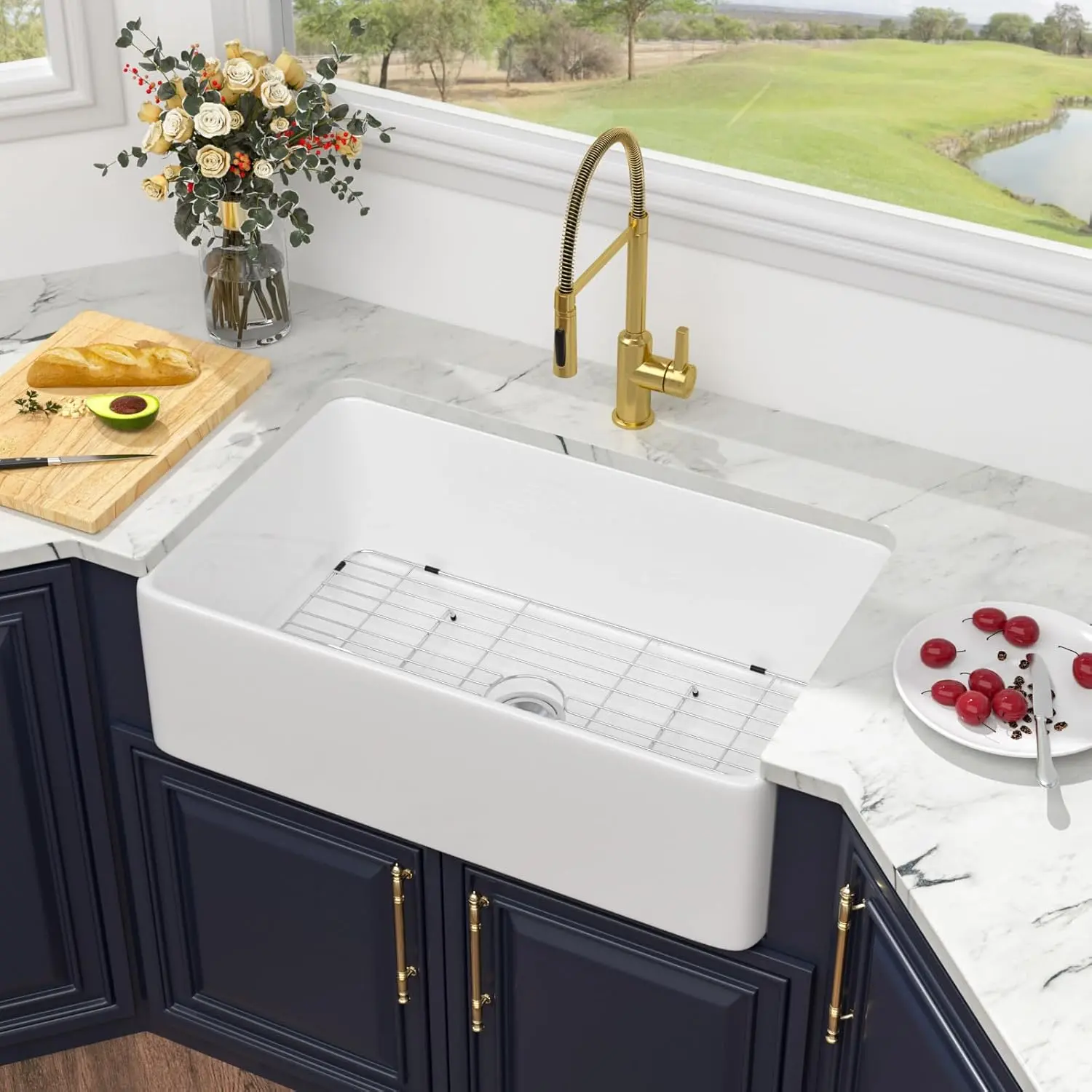 Kichae 33”w x 20”d x 10”h Ceramic Farmhouse Sink, Durable Heat-Resistant Fireclay Rectangle Adjustable Apron-Front Single Bowl with Flat Deep Basin, Rounded Corners, Efficient Drainage, Glam Design & Included Accessories (Basket Strainer, Bottom Grid), In