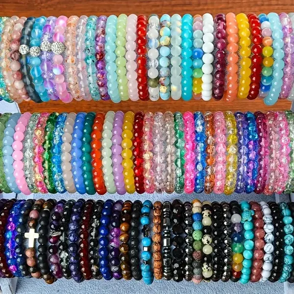 Women's Rainbow Bracelet Stack, 12-Piece Boho-Chic Set with Handcrafted Crackled Glass Beaded Detail, Bracelets Stacking, Bracelets For Women, Colorful Beads