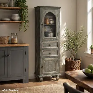 Distressed Look Rustic Solid Wood Farmhouse Tall Narrow Freestanding Floor Cabinet - Reeded Glass, 2 Drawers, 2 Doors, Open Shelves, Easy Assembly for Living Room, Hallway (Black&Gray)