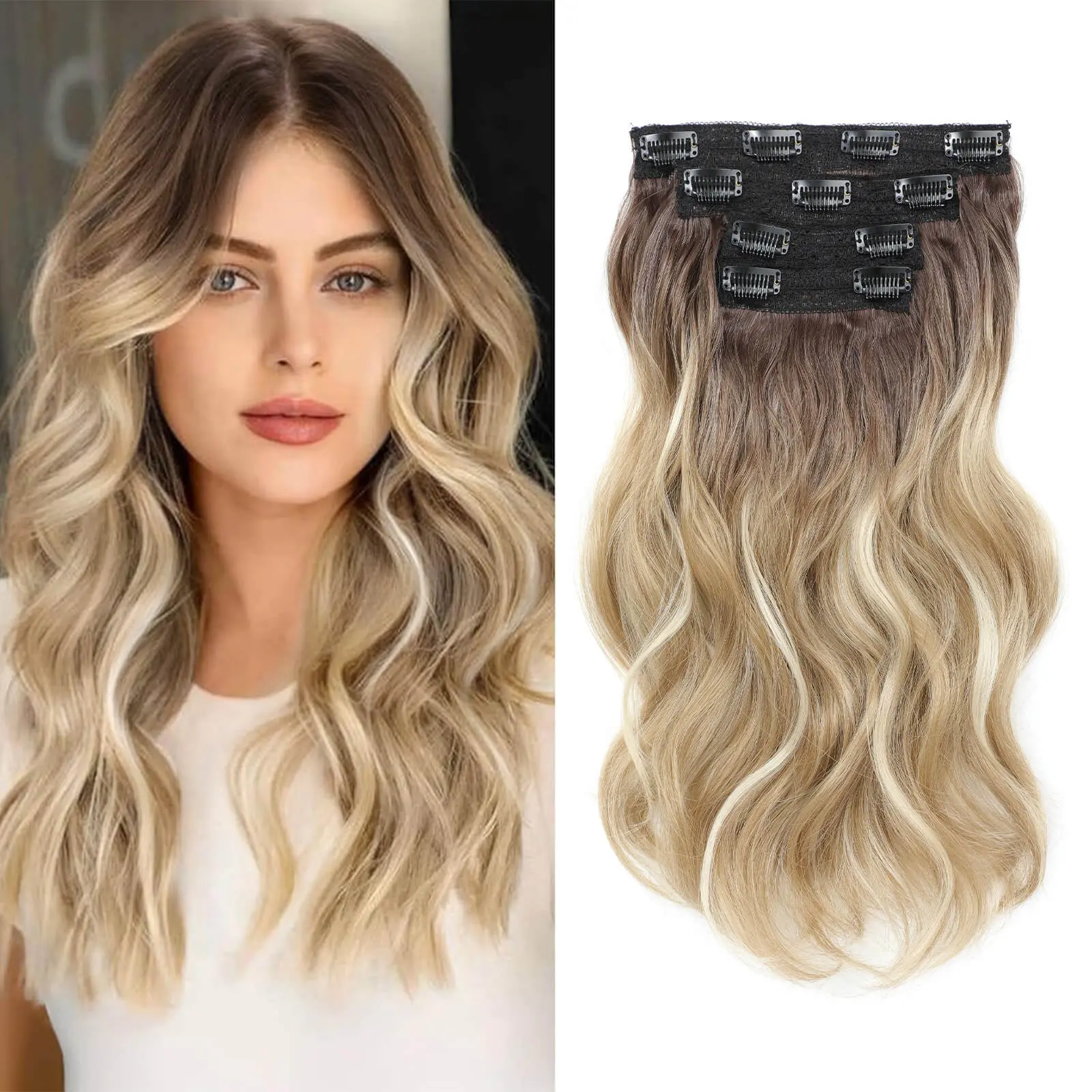 UDU Clip in Synthetic Hair Extensions Long Wavy 4PCs Thick Hairpieces to Chestnut Fiber Double Weft Natural Hair Extensions for Women