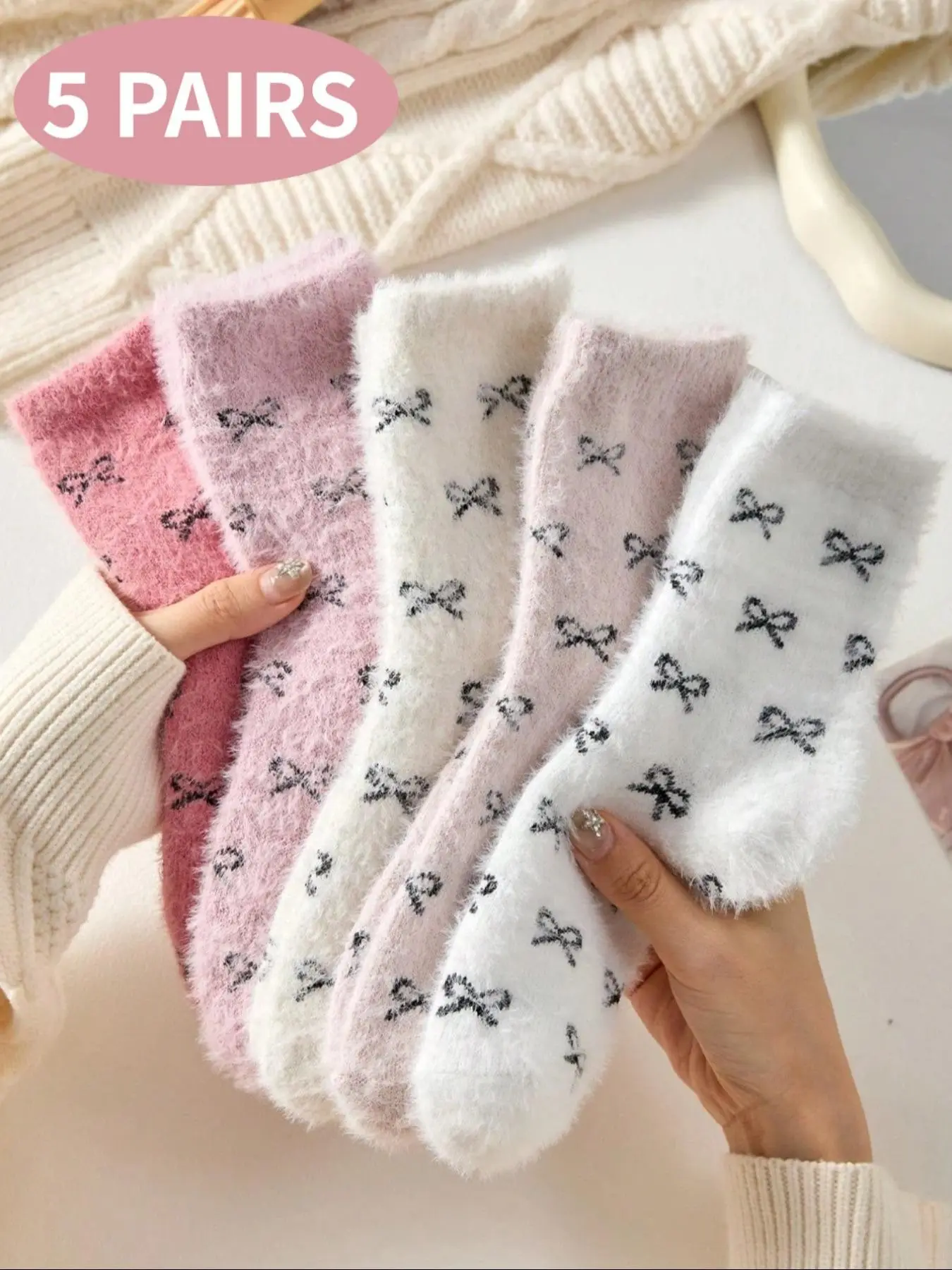 5 Pairs of Mid-Calf Socks Long Socks Pink & White Bow Print Mink Fleece Style High-Elasticity Ribbed Top Warmth Retention & Temperature Locking Pink Sweet Girl Style Fall & Winter Outfit
