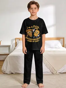 Pizza and chicken nugget cartoon fun 2-piece set: boys' digital printed short-sleeve pajamas with long sleep pants, made of flame-retardant fabric. A fashionable, trendy, casual, comfortable and soft pajama set, suitable for sleeping and home leisure.