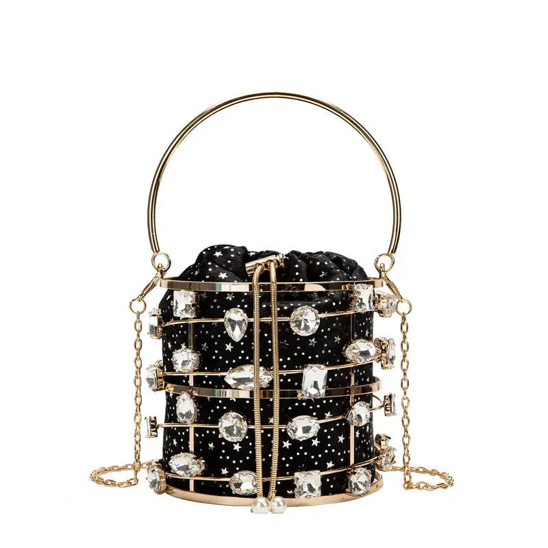 Geometric Hollow Metal Bucket Bag with Velvet Pouch, European Style Mini Dinner Clutch for Women with Pearl Handle & Single Strap, European/American, Mini Handbag Women's Clutches & Wristlets, Withdrawal, Mobile Compartment, Mini Clutch, Withdrawing