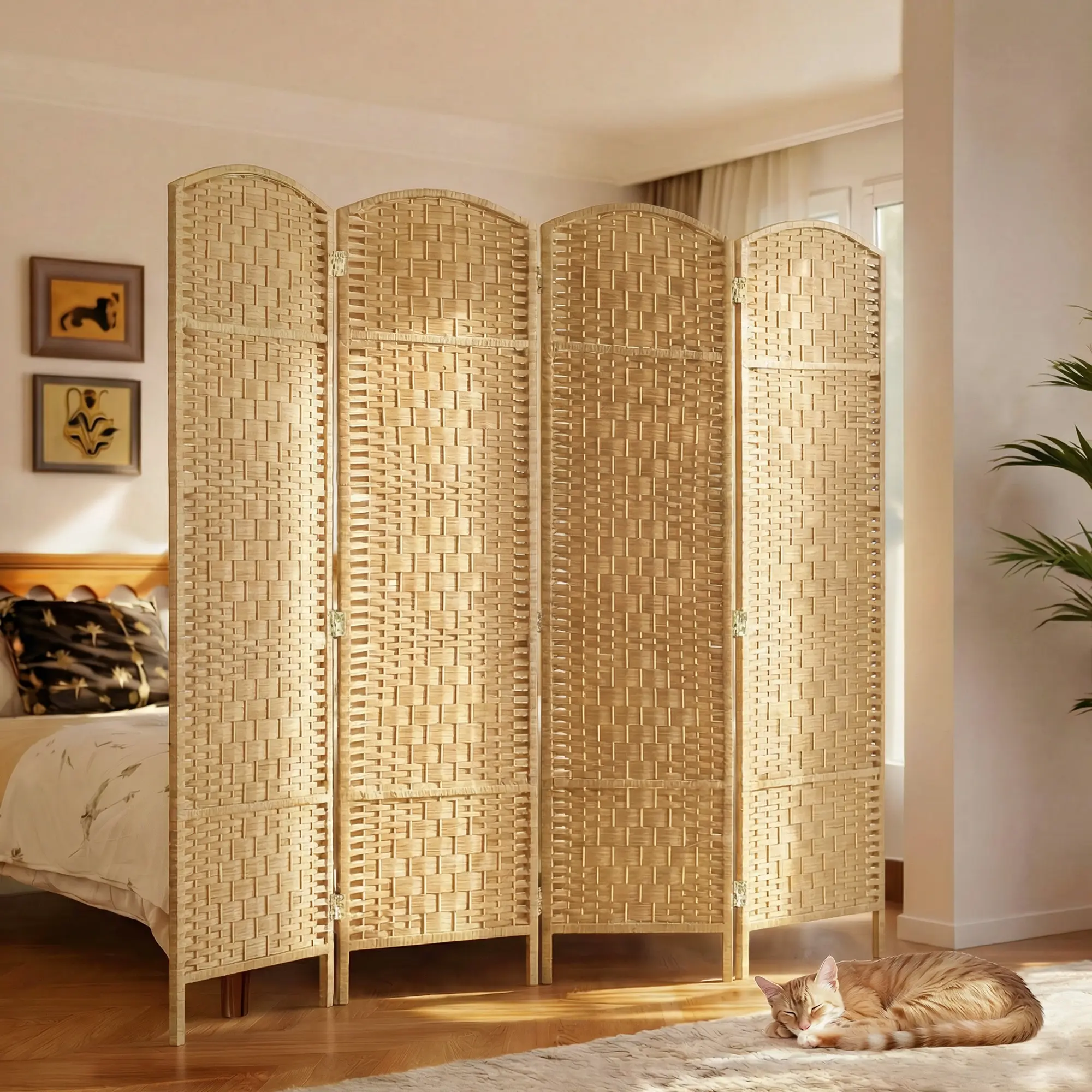 Wood Room Divider Screen - 4-Panel, 6' Tall Freestanding Folding Privacy Partition for Home Office, Natural Wood Finish