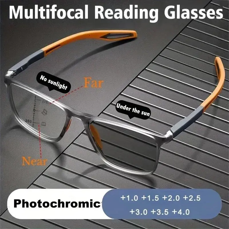 Photochromic TR90 Anti-Blue Light Multifocal Progressive Near-Far Reading Glasses, Single Item Sports Eyewear Frames for Men and Women
