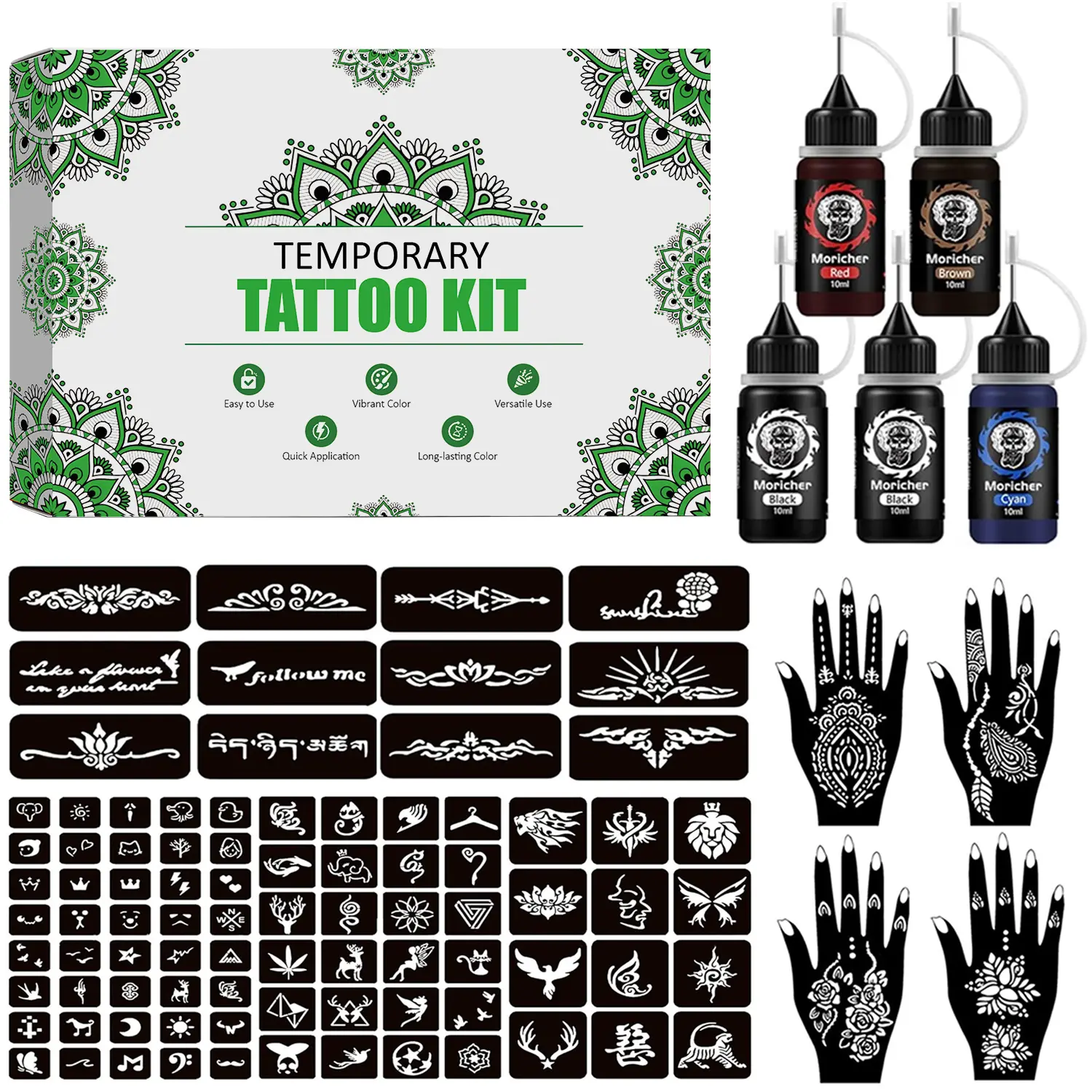 Joxpring Temporary Henna Kit - 5 Bottles Liquid Inks, 96 Stencils, Tattoo Supplies, Fake Freckles, Water Resistant, Long-Lasting, Easy Apply, Skin-Friendly, Realistic Temporary Tattoos, All Skin Types, Party Gifts for Weddings & DIY Art, Tattoo Kit, All-N