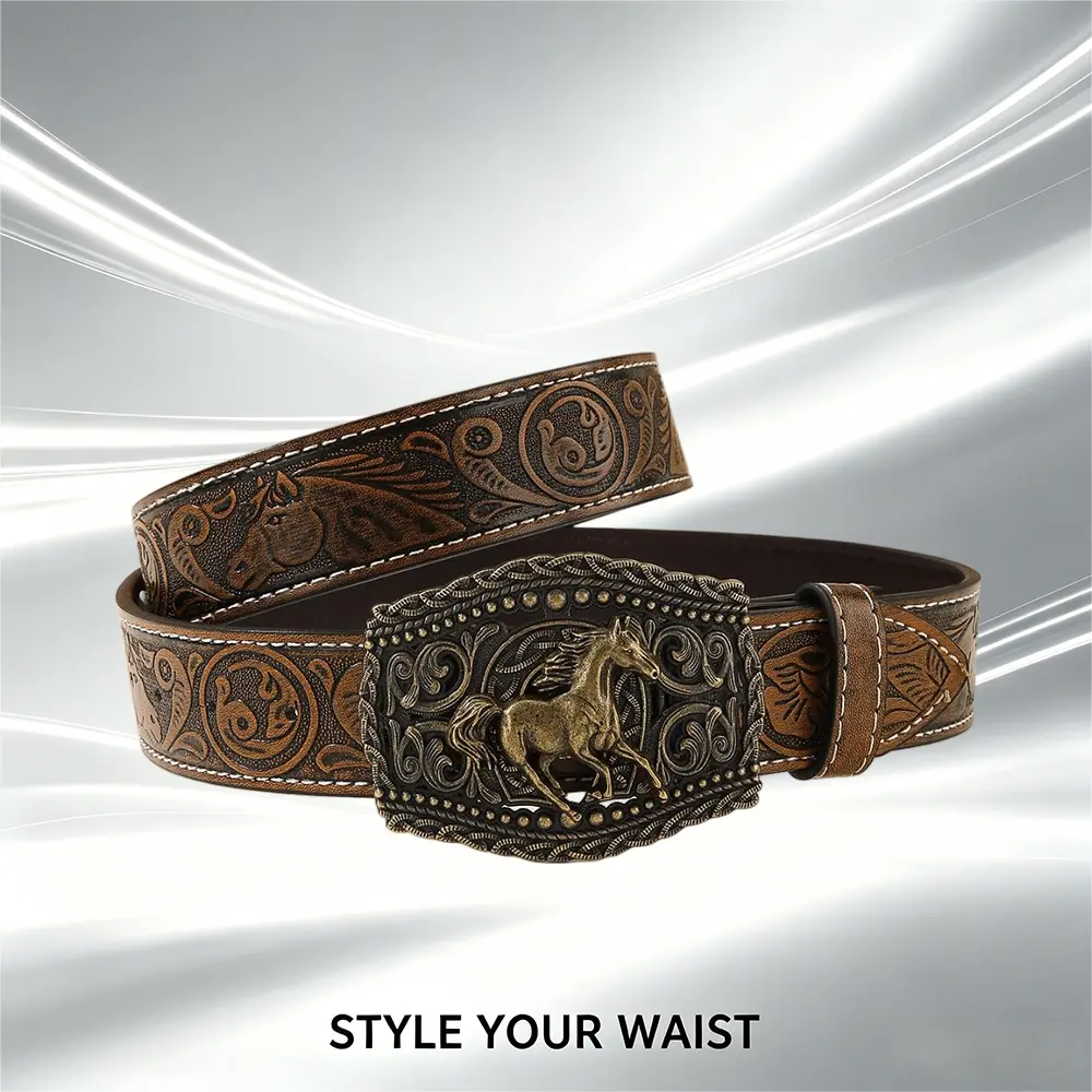 Men’s Western tooled leather belt with running horse buckle, vintage brown embossed cowboy belt for rodeo and country style youthful
