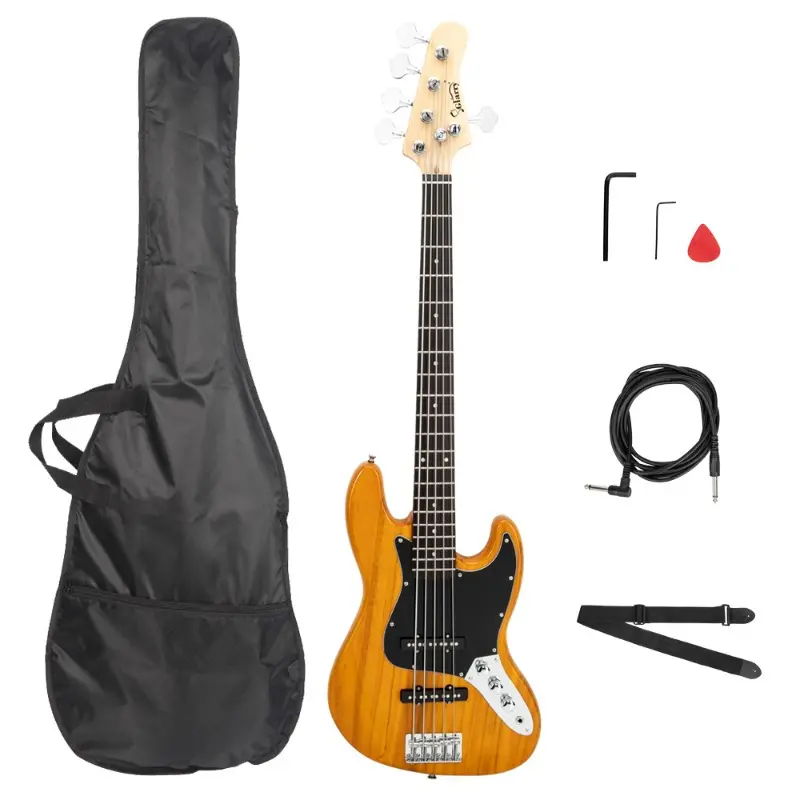 GJazz 5-String Electric Bass Guitar - Full Size Transparent Yellow Basswood, Adjustable Bridge, 45.7x13.58x1.65in, 7.38Lb/3.35Kg, Amplifier Wire, Wrench Tool, Headstock Wrench, Bag, Strap, Pick Connector, Professional Build, Musician Gear
