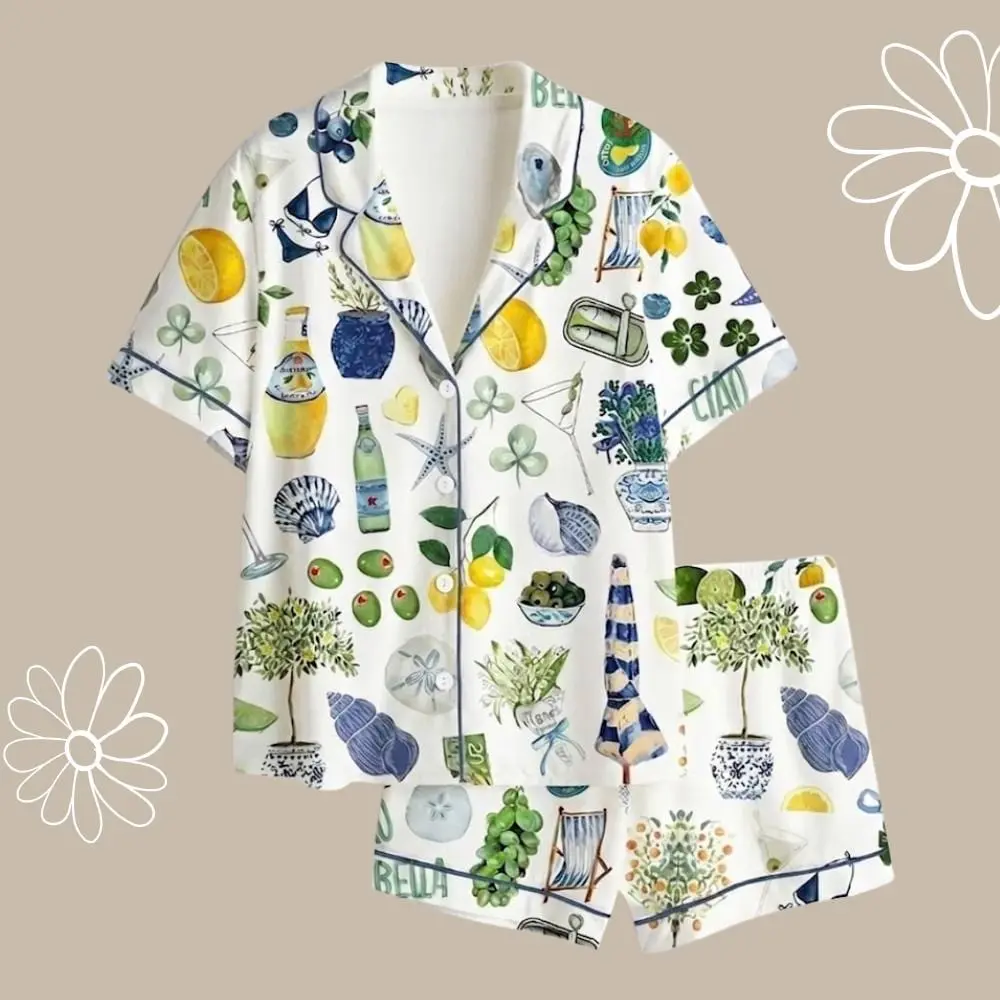 Italian SummerSatin Pajama Set, Lemon & Olive Print Loungewear, European Summer Gift for Her