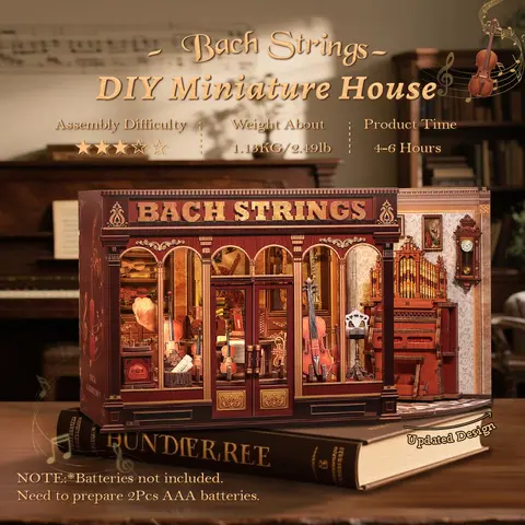 CUTEBEE Bach Strings 3D DIY Book Nook Kit – Miniature House Dollhouse with LED, Handmade for Teens & Adults | Perfect Christmas & Birthday Gift, Bookshelf Decoration