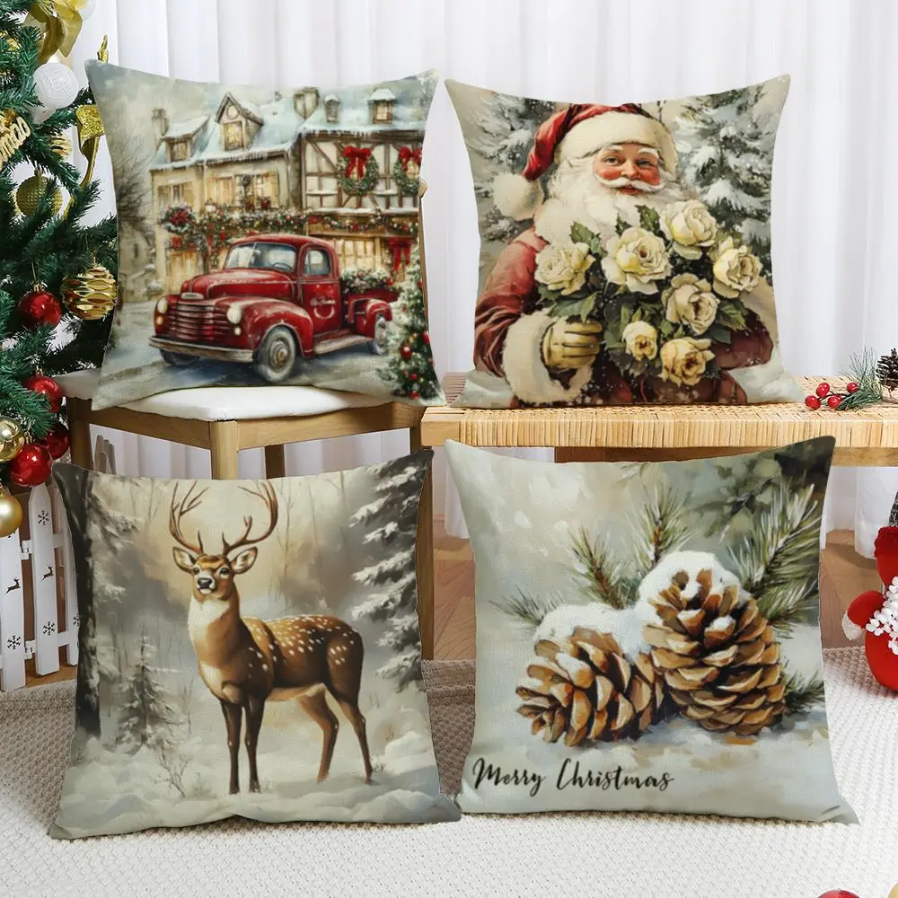 Christmas Themed Pillow Case, 4 Counts/set Santa Claus & Animal Pattern Cushion Cover without Filler, Square Pillow Cover for Home Decor, Home Accessories