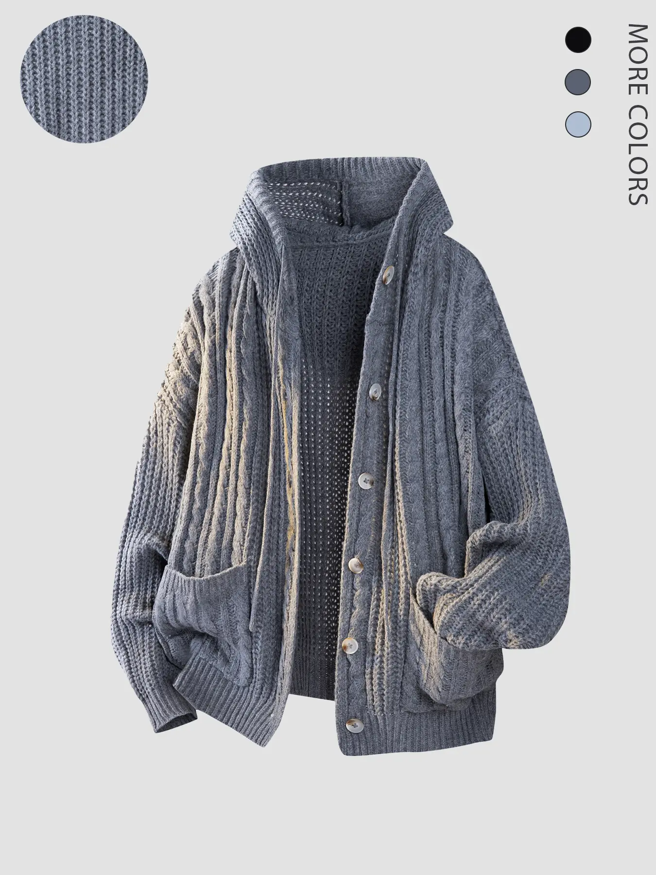 Men's Fall Winter Vintage Fashion Hooded Knit Cardigan, Textured Ribbed Design, Large Pocket, Multiple Colors, Casual Fitted Style, Long Sleeve, Knitwear