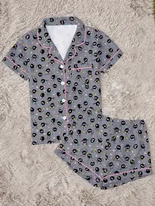 Women's Soot Sprites Cartoon Print Pajama Set, Pjs, Pyjamas, Comfortable Two-Piece Sleepwear, Short Sleeve Button-Up Top and Elastic Shorts, Casual Home Wear, Loungewear, Collared Pajama Set