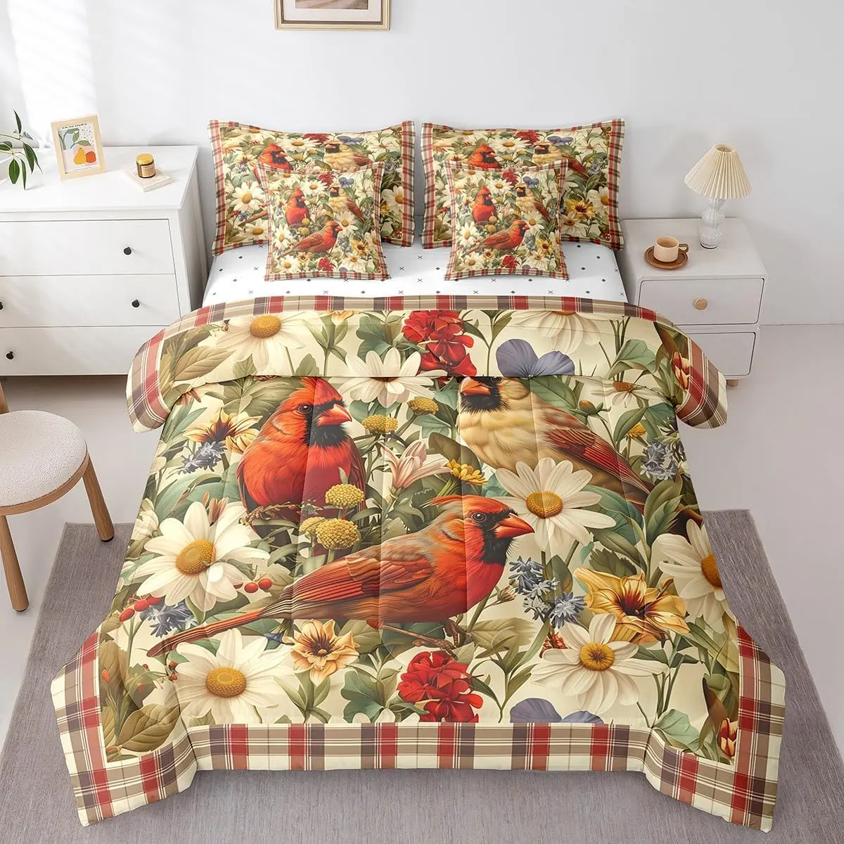 Feelyou 7-Piece Red Cardinal Comforter Set - Ultra Soft, Multi-Size Bedroom Bedding with Wildlife Art, Vintage Plaid, Floral Designs; Bed Sheets for Bedroom Linens Collections, Bedroom Bedding Set, Bed Sheets Set