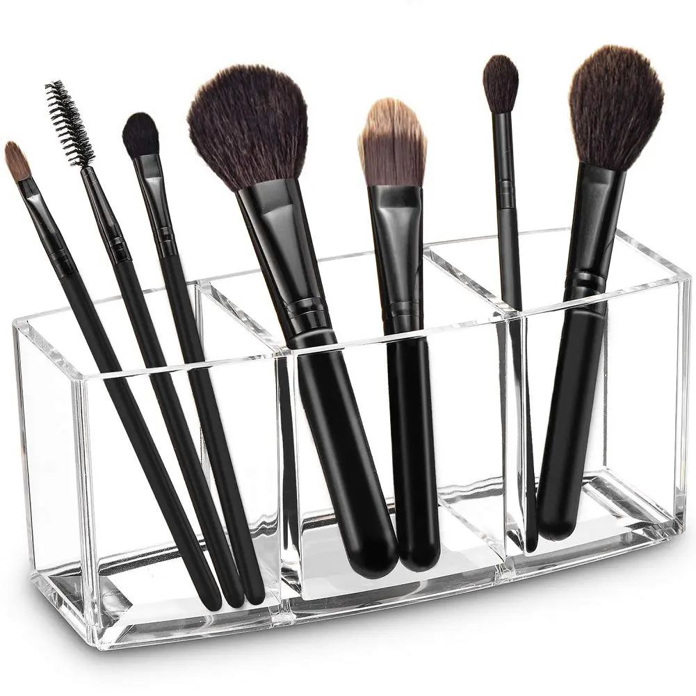 Clear Acrylic Makeup Brush Organizer Holder, 3 Slot Cosmetic Brush Storage Organizer for Vanity, Lipsticks, Eyeliners, Mascara & Beauty Accessories