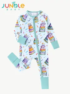 JUNBLEBABY Cotton Fiber Baby Zipper Long-Sleeved Shirt with Birthday Cake Print Double Zippers Reversible Foot Cover Soft Breathable Fabric One-Piece Crawling Suit