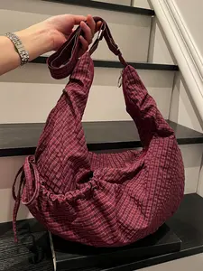 Retro casual lazy style patterned bag, pleated drawstring design, croissant shape, versatile large capacity single shoulder crossbody bag, can accommodate files, tablets, suitable for picnics, shopping, commuting, Hobo Crossbody Bags, Drawstring Purse