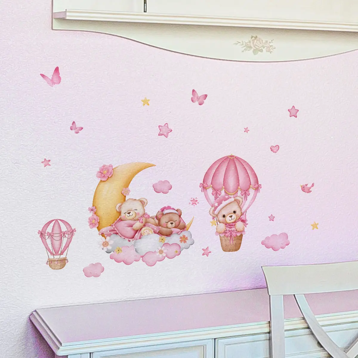 A set of 2 pieces (30*60cm*2pcs) Moon Bear Hot Air Balloon Butterfly Home Decoration Wall Stickers Wall Decals Peel And Stick for Bedroom, Living Room, Sofa, and Entrance Background Wall Decorative Wall Sticker Wall Decal Unique Wall Decor (M16060-YJ)