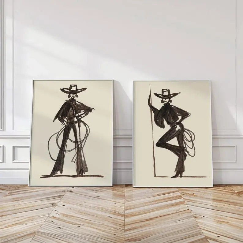 Fashion Cowgirl with Lassos Poster — Brown Minimal Western Line Art Duo