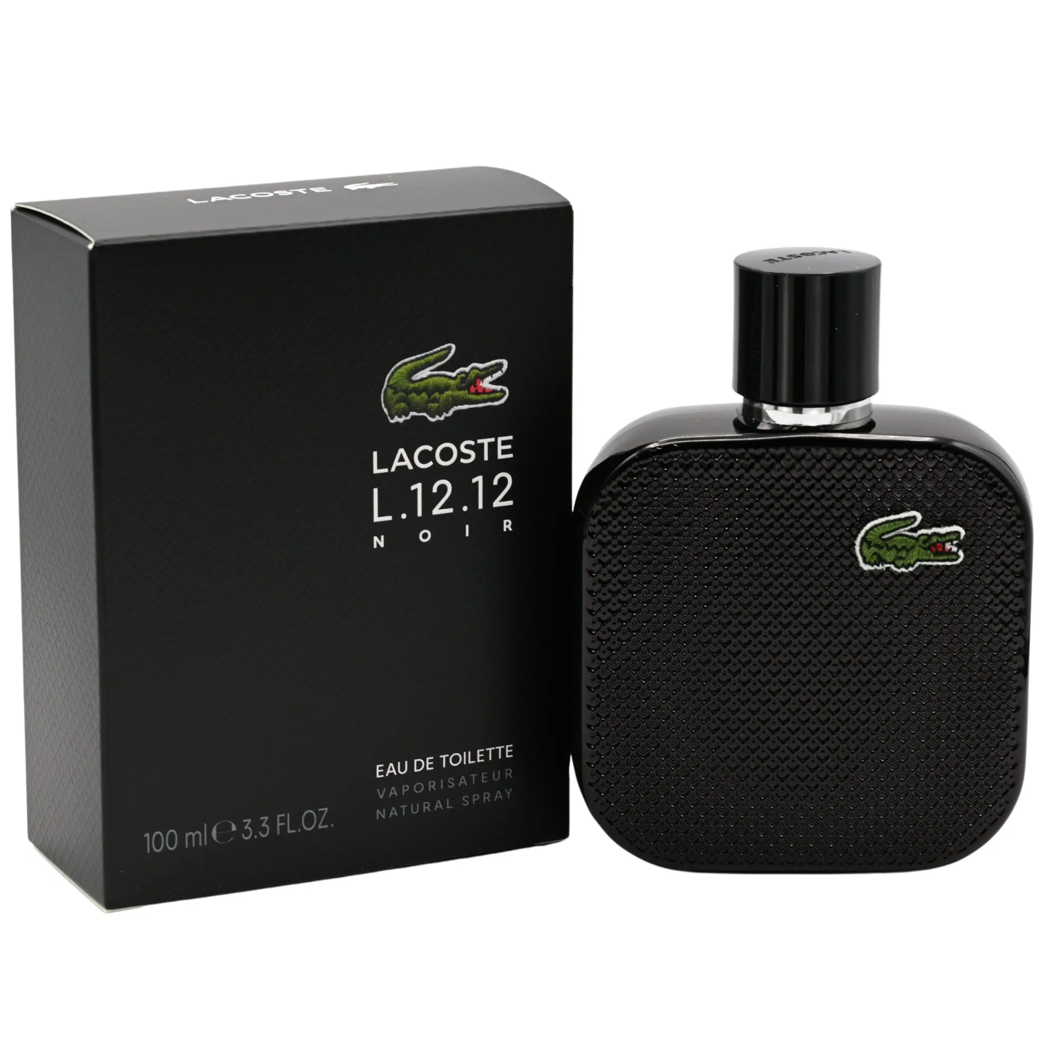 LACOSTE Eau de Lacoste L.12.12 Noir Aromatic Woody Men's EDT Perfume, 3.3 fl oz Basil Blend, Daytime Wear, Watermelon Top Note, New in Box - Botanical Noir Boxed Men's Fragrance