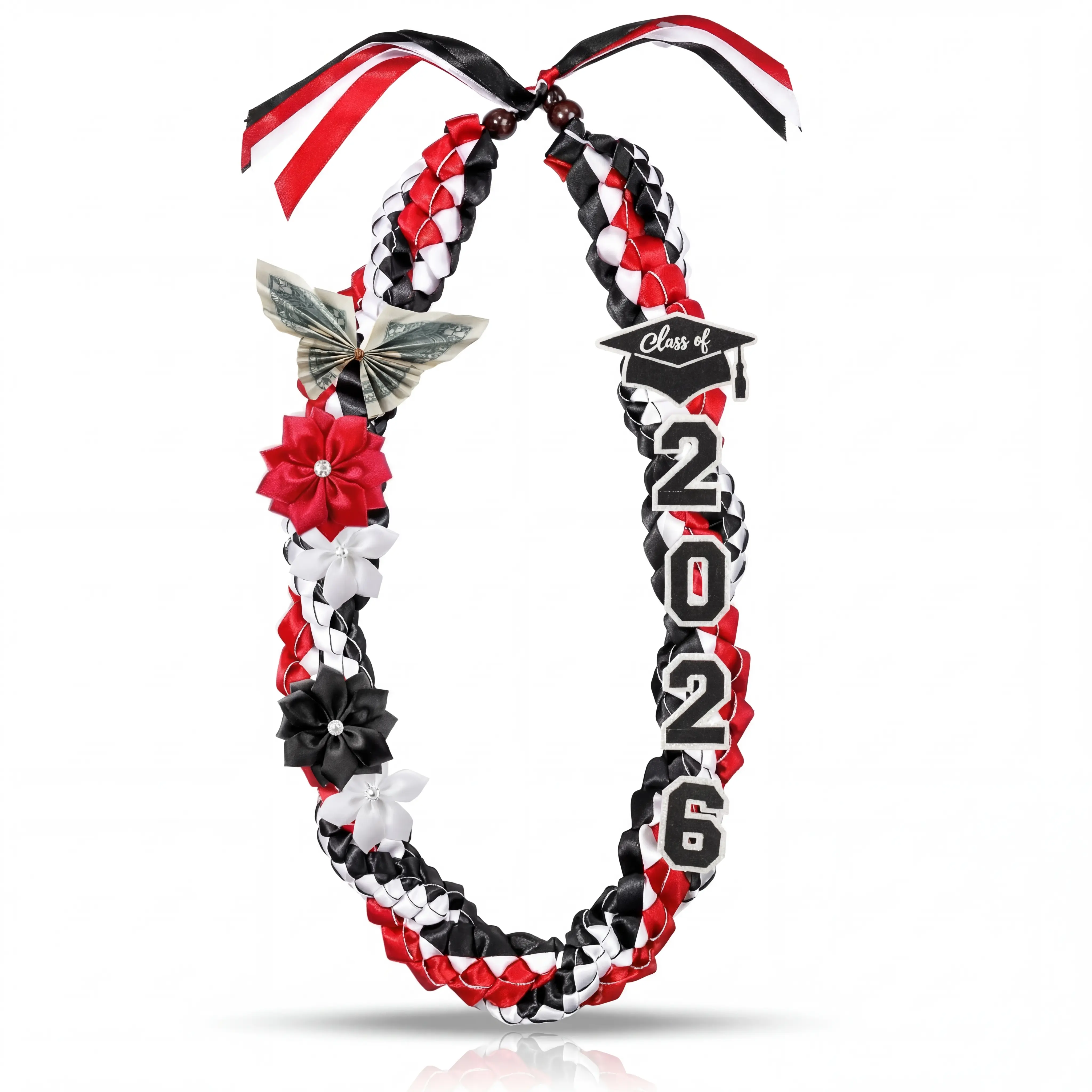 2026 Graduation Lei Double Braided Strands Graduation Ribbon Leis with 4 Satin Flowers Congrats Graduates Money Leis Class of 2026 Gift for Graduation Ceremony Party Celebration Campus Supplies