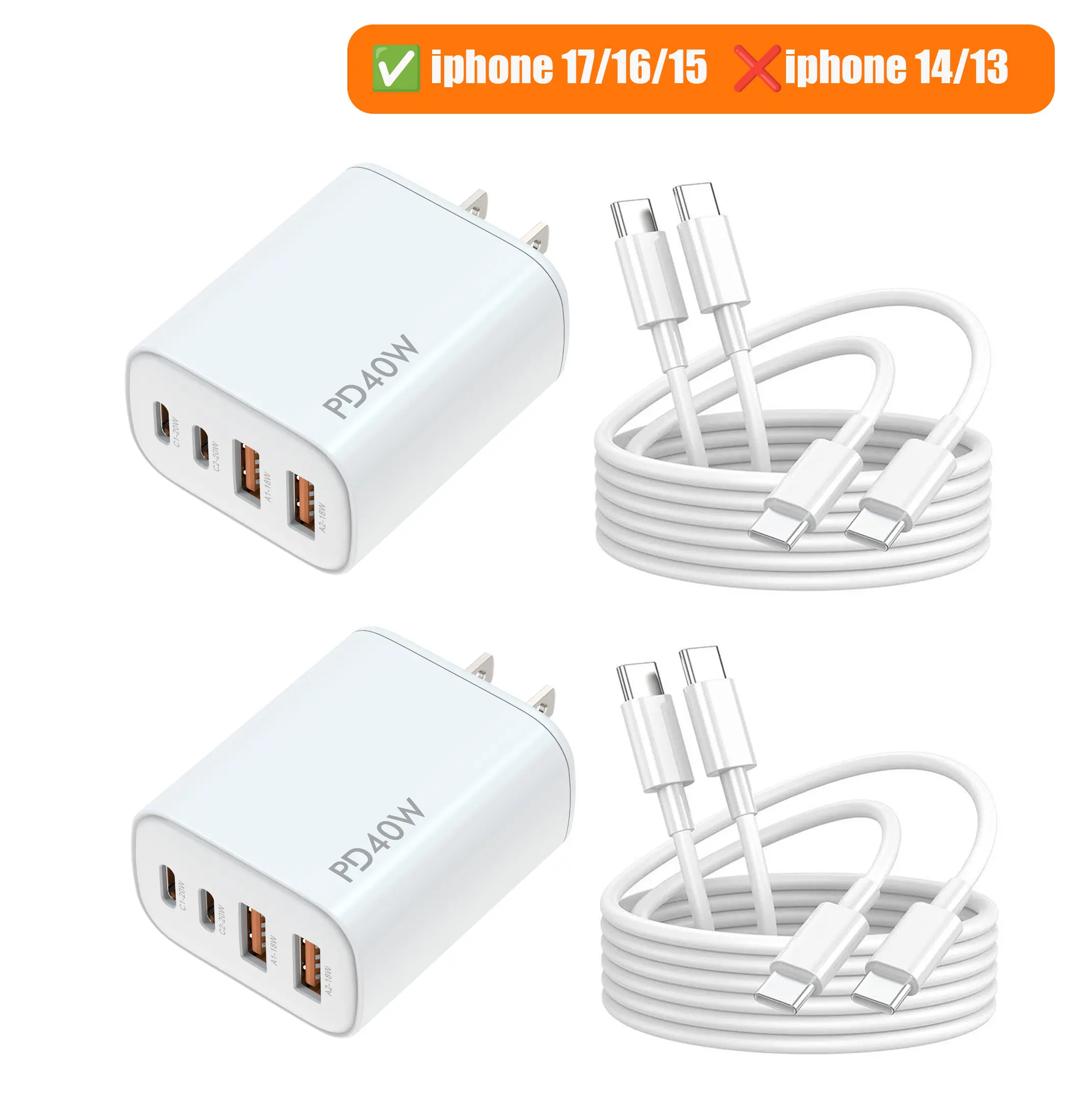 4-in-1 Multi-Port Portable faster Charger, 40W 2 USB-C + 2 USB-A PD 3.0 Multi-Port Charging Cube, US Standard Power Adapter,  USB-A and 2 Type-C output ports, compatible with iPhone 17/16/15/14/13/12/11, Galaxy S26/S25/S24/S23, LG, Pixel, tablets