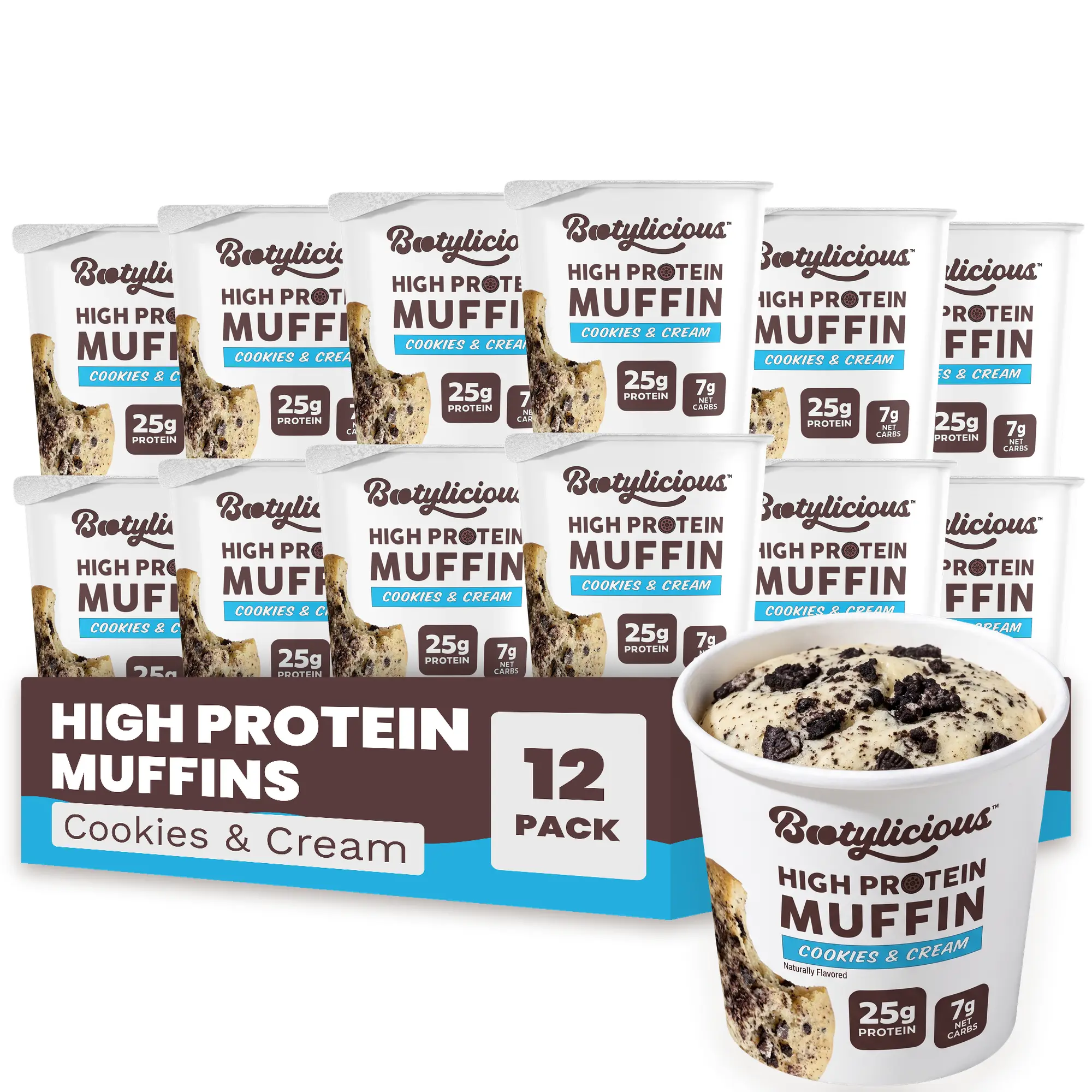Bootylicious High Protein Muffins, Limited Edition Cookies & Cream, 12 Pack, 25g Protein, 7g Net Carbs