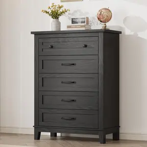 Black Freestanding 41.3 Inch Tall Vertical Wooden Chest of Dresser with 5 Storage Drawer for Living Room Bedroom Entryway Bedroom