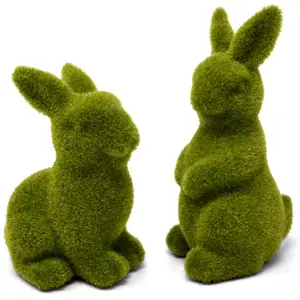 Gift Boutique Green Grass Bunny Rabbits Set of 2 – Flocked Moss Finish Easter Decor for Table, Mantel, Shelf or Garden