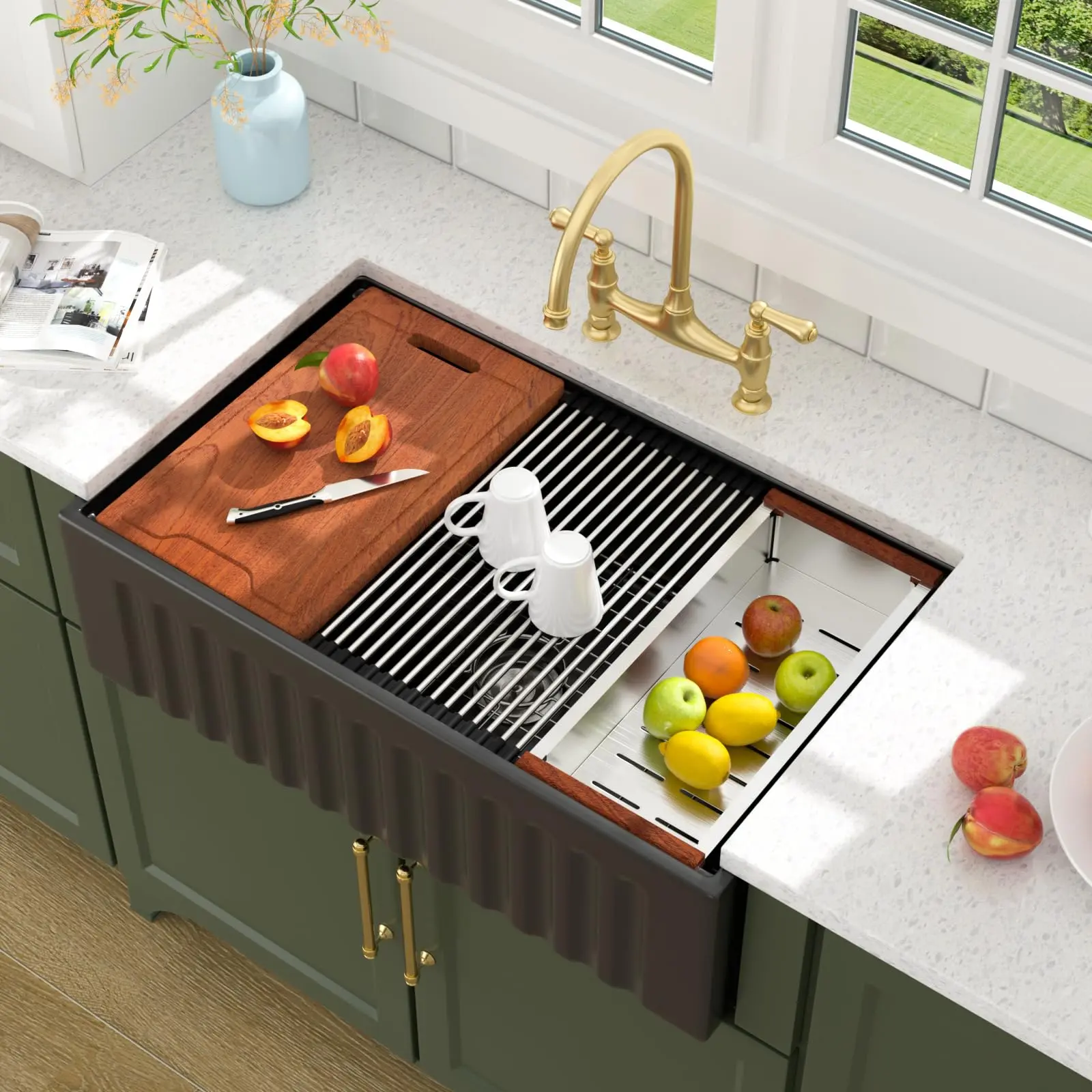 Lordear 33 Black Farmhouse Kitchen Sink Workstation Porcelain Farm Kitchen Sinks Matte Black Single Bowl Basin 33x20x10 Inch Large Bowl Sink