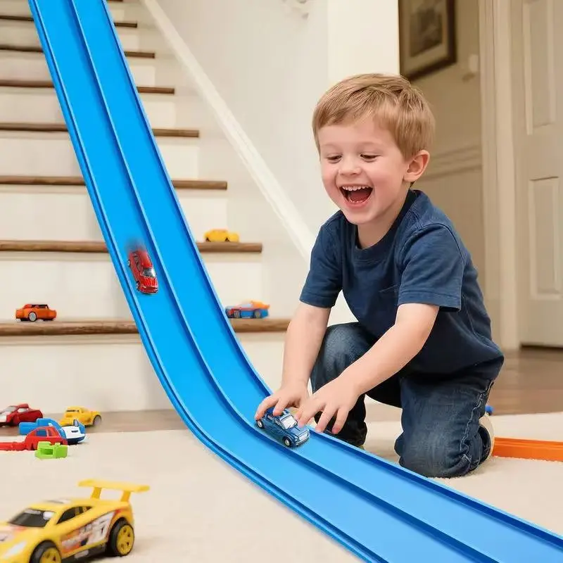 15ft Dual-Track Flexible Racing Track Set for Kids, Dark Blue, 6 Toy Cars Compatible with Hot Wheels 1/64 Scale Alloy Vehicles, Reinforced Suction Cups Included