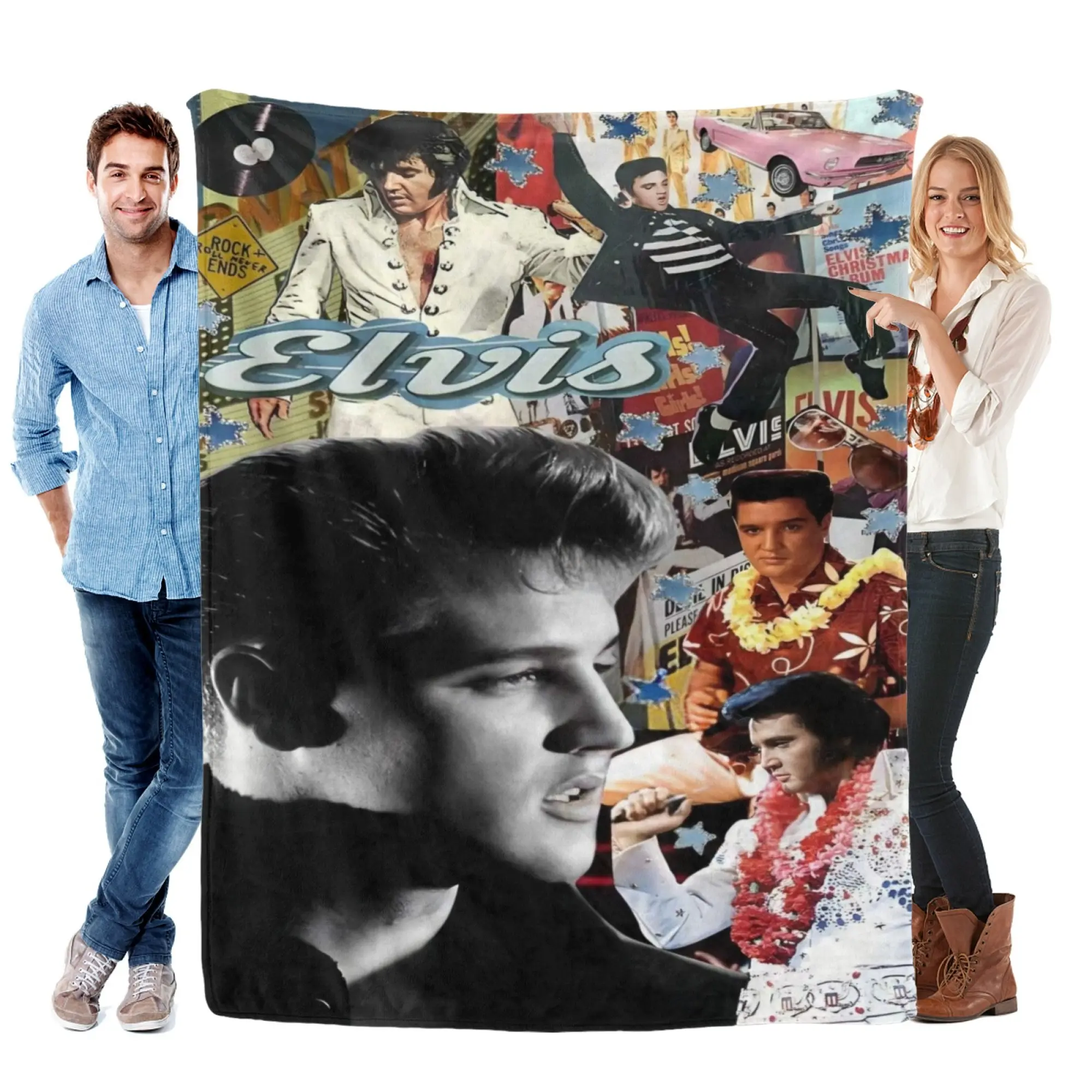 Elvis Presley Blanket, King of Rock and Roll Music Legend Throw Blanket, Vintage Retro Photo Collage Design Soft Flannel Fleece Blanket for Bedroom Sofa Decor, Unique Gift for Elvis Fans