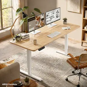 55"x24" Rectangular Light Oak Metal & Wood Freestanding Electric Auto-Adjust Height-Adjustable Standing Desk, Modern Lift-Up Writing Desk for Home & Office, Computer Gaming Table