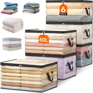 6 Pack Clear Clothing Storage Bags 60L Plastic Blanket Vinyl Foldable Moving Bags with Zipper Closet Organizer and Bedding Duvet Pillow Storage Container