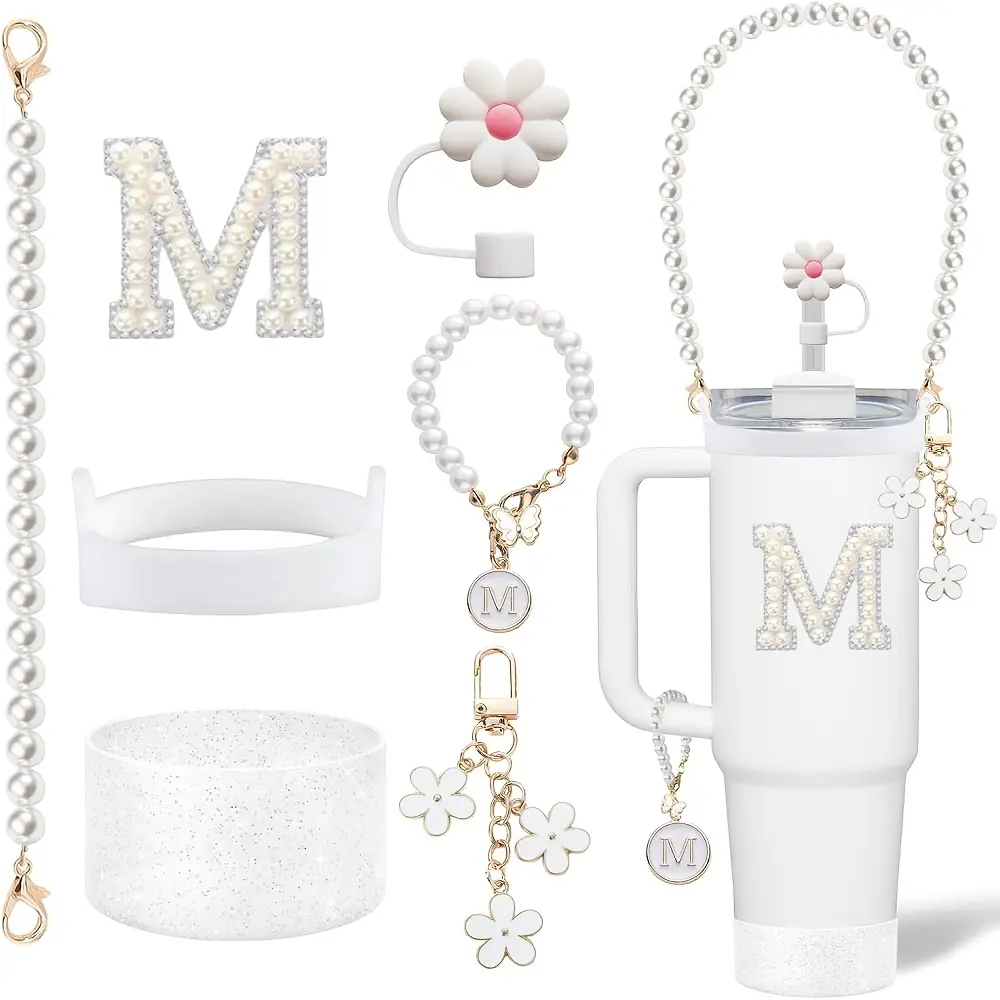 7-Piece Metal Tumbler Accessories Set for 30oz/40oz Insulated Cups, Alloy & Silicone Drinkware Gadgets with Pearl Handle Lanyard, Initial Stickers, 10mm Flower Straw Cap, Straw Toppers for Tumblers, Pearl Letter Flower Decorations (Ideal for Gifting)