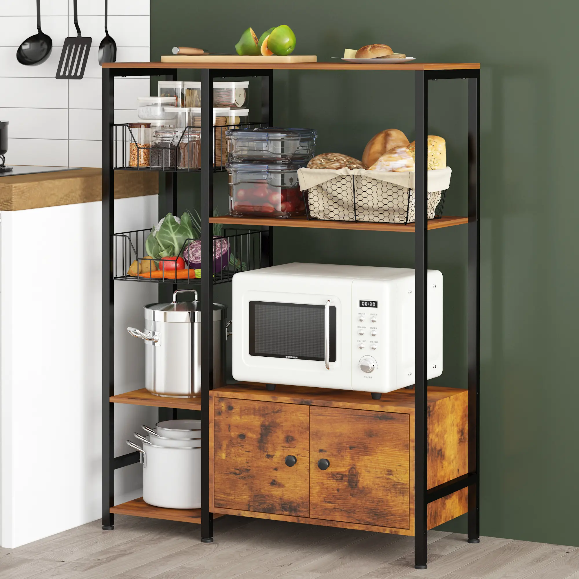 NAIYUFA Kitchen Bakers Rack with doors,Microwave Oven Stand with Shelves,Utility Storage Shelf Organiser,Cabinet ,Adjustable floating shelves Metal Standing Rack