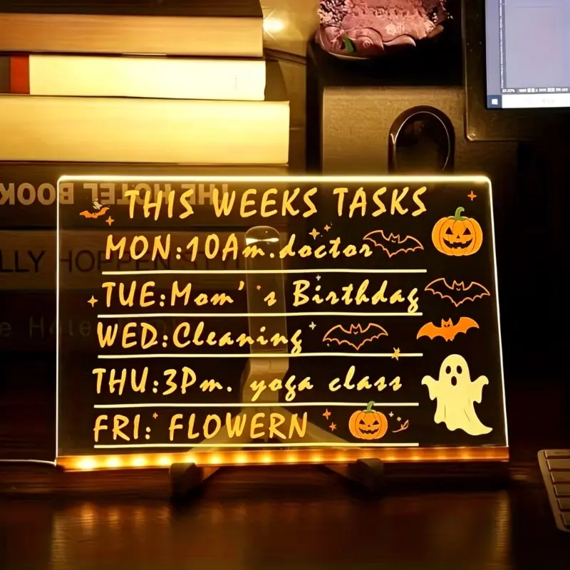 LED Message Board,Light-Up Acrylic Writing Board with Warm LED Glow, 7 Color Markers,Dry Erase Acrylic Board USB Cable, Folding Stand and Cleaning Cloth for Desk Decor and Gifts,home office accessories,desk decor