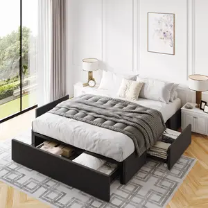 MUTICOR Platform Bed with 3 Storage Drawers, Faux Leather/ Linen Fabric Upholstered【Frame Only No Mattress】Wood Slats Support,No Box Spring Needed, Noises Free,Black/ Dark Grey#SummerVibes