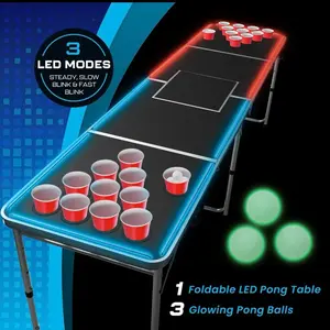 LED Portable Pong with Built -in LED Light Adjustable Height Legs Cooler Bag & Cupholder for Outdoor Parties